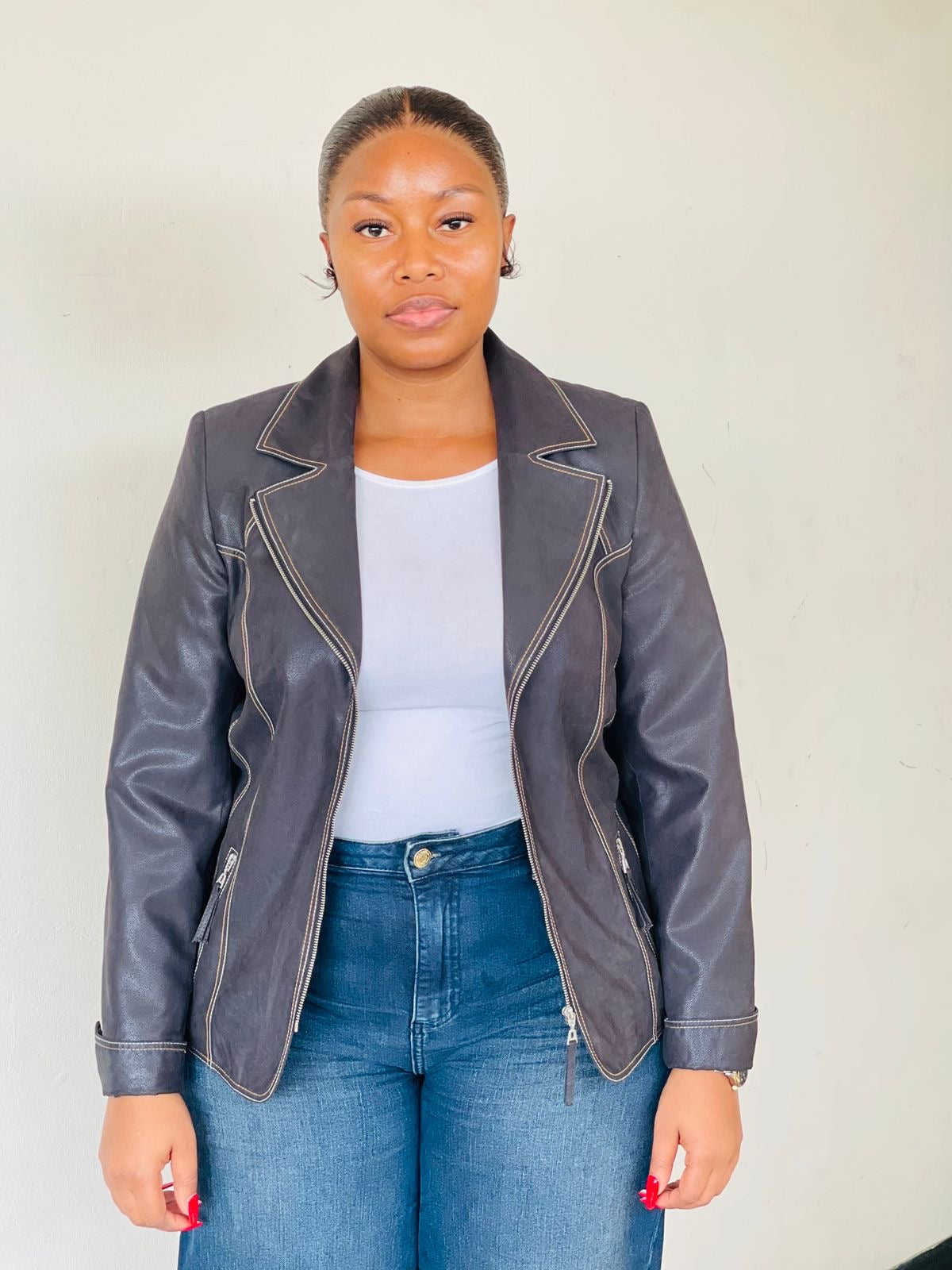 Charcoal Grey Faux Leather Jacket